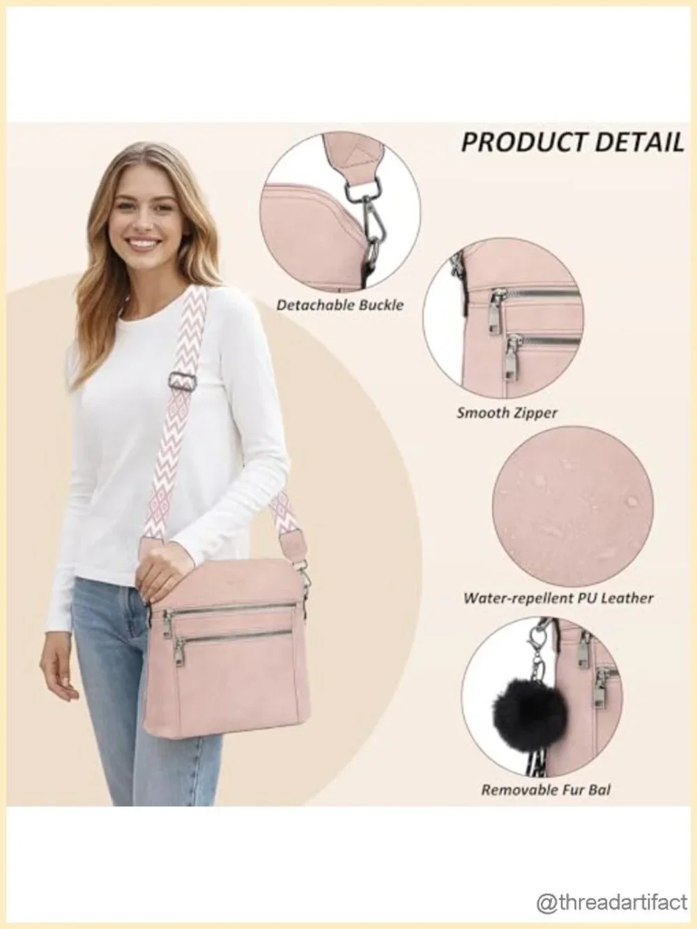 Vegan Leather Crossbody Hobo Bag with Wide Strap & Pom-Pom